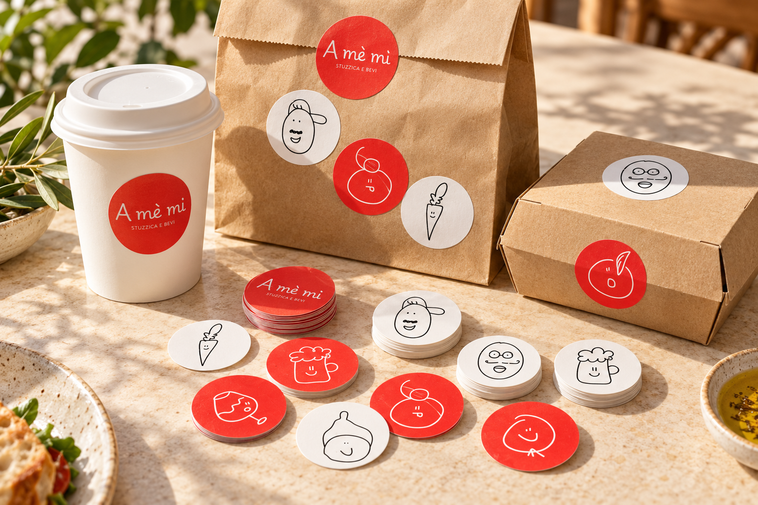 Packaging da asporto con bicchiere, busta in carta kraft e sticker rossi «A mè mì»