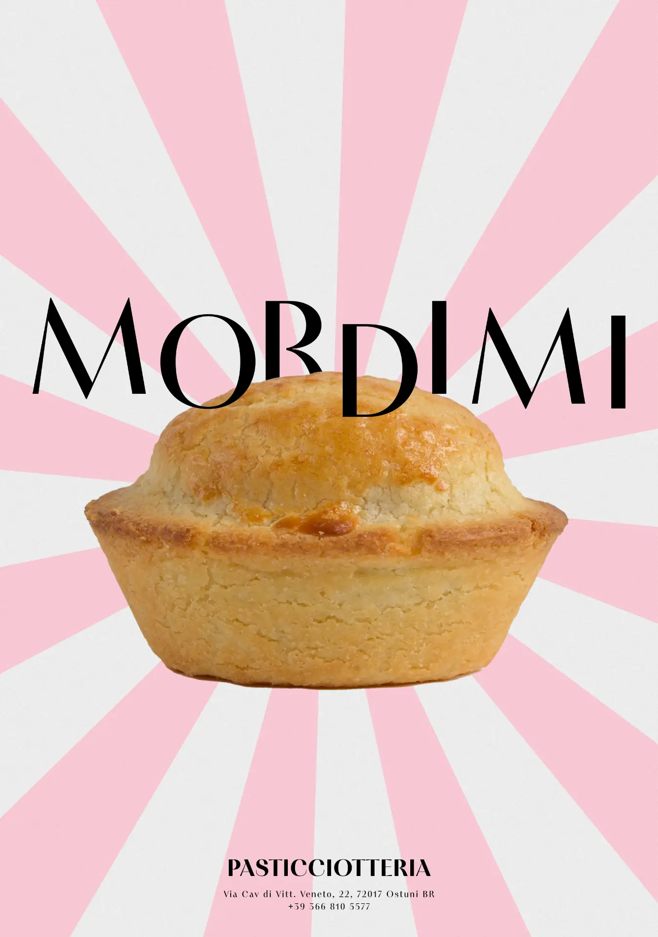 Poster Mordimi della Pasticciotteria Artigianale: pasticciotto su raggi rosa e bianchi