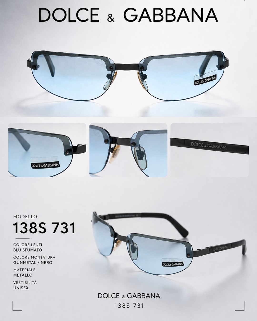 Scheda prodotto Dolce & Gabbana modello 138S 731 con occhiali dalle lenti blu sfumato